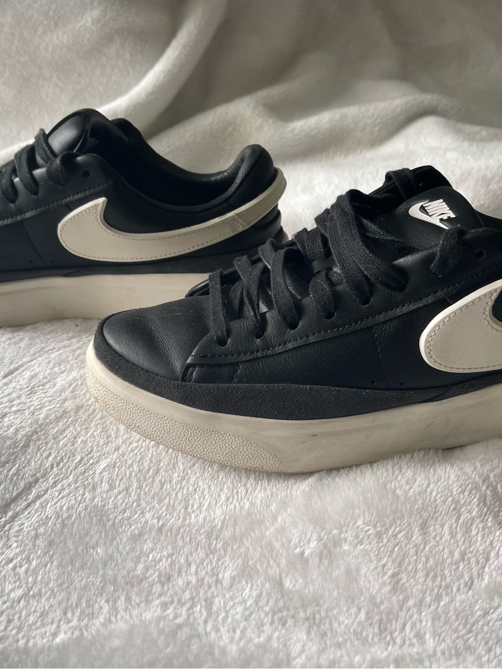 Nike Black Leather Low-Top Sneakers with White Swoosh and Off-White Sole
